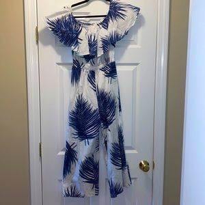 Size Small. White/Blue Palm Leaves Pattern Jumpsuit